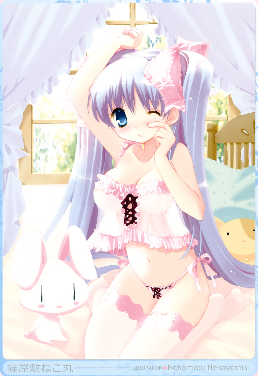 ;o absurdres arm_up babydoll blue_eyes blue_hair blush blush_stickers bow breasts cleavage copyright_request d: hair_bow highres kneeling lace lace-trimmed_thighhighs large_breasts lingerie nekoyashiki_nekomaru one_eye_closed open_mouth panties pink_legwear pink_panties see-through side-tie_panties solo string_panties stuffed_animal stuffed_bunny stuffed_cat stuffed_toy thighhighs underwear waking_up window |_|