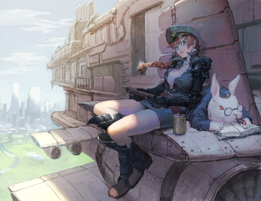 book breasts brown_hair cigar cleavage clothed clothing eyewear female flying fur glasses gun hair human lagomorph long_hair loped mammal rabbit ranged_weapon red_eyes weapon white_fur