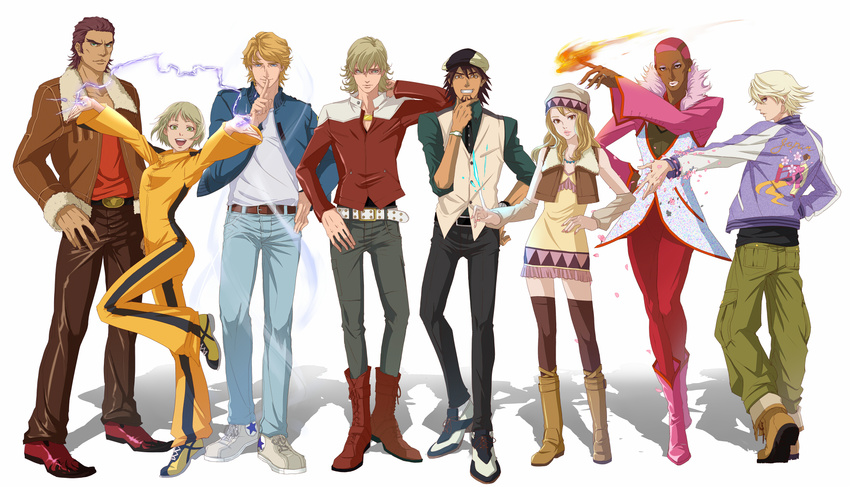 6+boys antonio_lopez barnaby_brooks_jr belt blonde_hair blue_eyes blue_jacket bodysuit bomber_jacket boots brown_hair bruce_lee's_jumpsuit cabbie_hat cropped_jacket dark_skin dress earrings electricity eyelashes finger_to_mouth fingernails fire glasses hand_in_pocket hand_on_hip hat highres huang_baoling ivan_karelin jacket jewelry jumpsuit kaburagi_t_kotetsu karina_lyle keith_goodman letterman_jacket lipstick long_hair makeup multiple_boys multiple_girls nathan_seymour open_mouth orange_bodysuit petals pink_eyes pink_hair purple_jacket ramta red_jacket short_hair simple_background sleeveless sleeveless_dress standing standing_on_one_leg studded_belt thighhighs tiger_&amp;_bunny waistcoat watch wristwatch