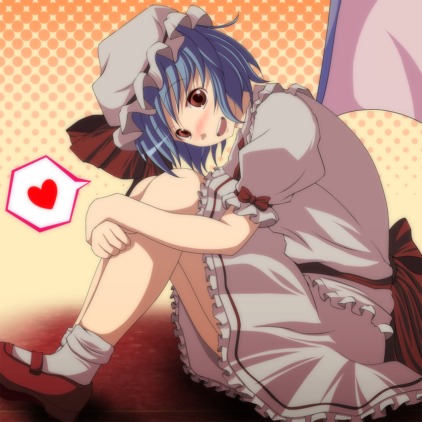bad_id bad_pixiv_id bat_wings blue_hair blush dress halftone halftone_background hat heart highres leg_hug mary_janes mob_cap open_mouth pink_dress red_eyes remilia_scarlet s-syogo shoes short_hair sitting solo touhou wings