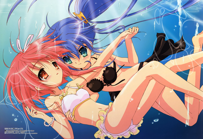 2girls absurdres akihime_sumomo bikini breasts cleavage highres ibe_yukiko mizugi multiple_girls nanatsuiro_drops swimsuit underwater yuri yuuki_nona