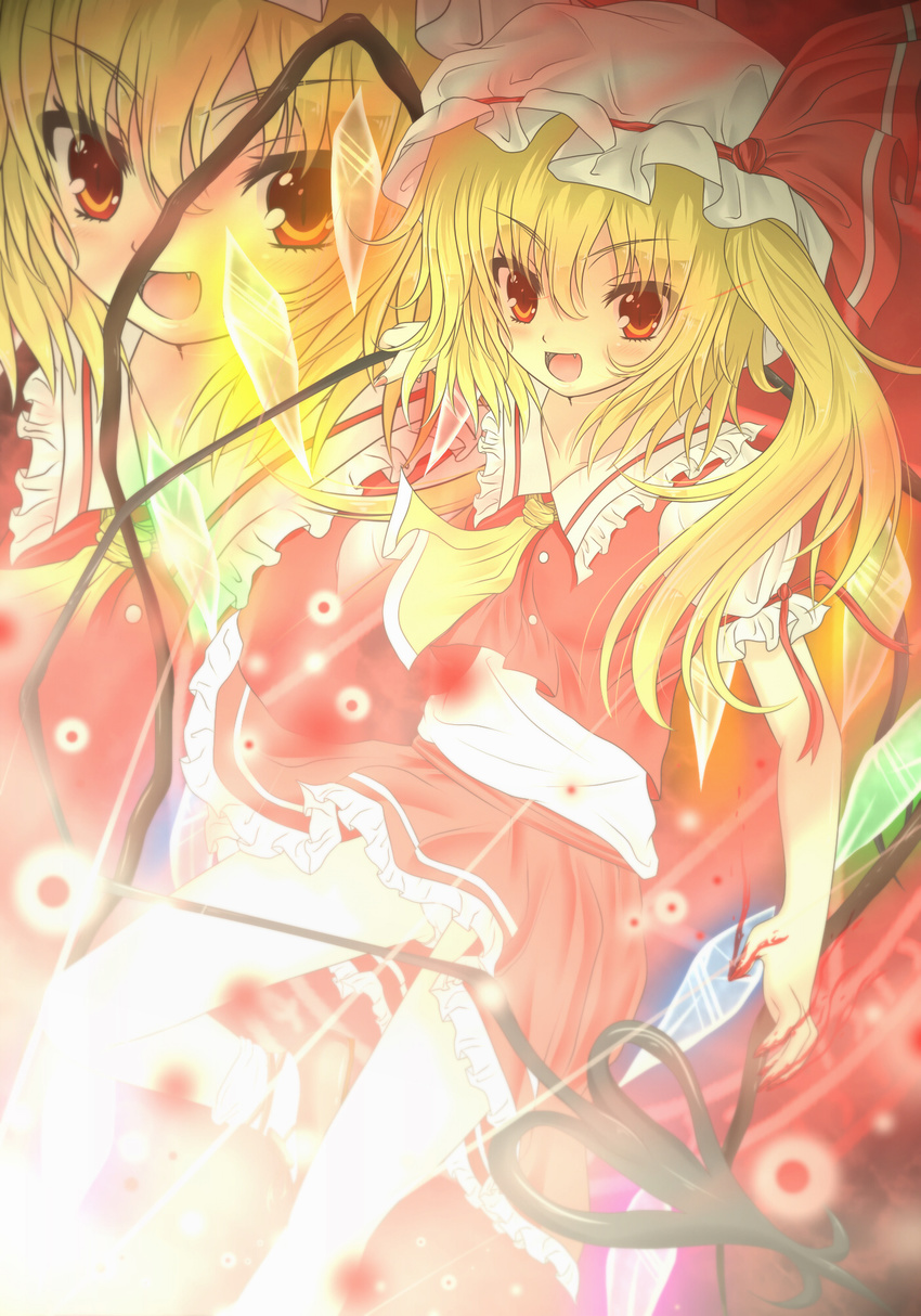 ascot bad_id bad_pixiv_id blonde_hair fangs flandre_scarlet hat highres mayuzumi_makiha red_eyes side_ponytail slit_pupils solo touhou wings zoom_layer