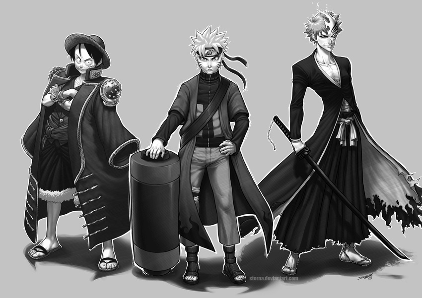 alternate_form bleach commentary commission company_connection crossover damien_dozias english_commentary forehead_protector full_body greyscale hat hollow hollow_ichigo konohagakure_symbol kurosaki_ichigo lineup male_focus monkey_d_luffy monochrome multiple_boys multiple_crossover naruto_(series) naruto_shippuuden ninja one_piece pauldrons pirate sandals scar self_upload sennin_mode shounen_jump smile spiked_hair standing sword tensa_zangetsu_(bankai) uzumaki_naruto weapon whisker_markings