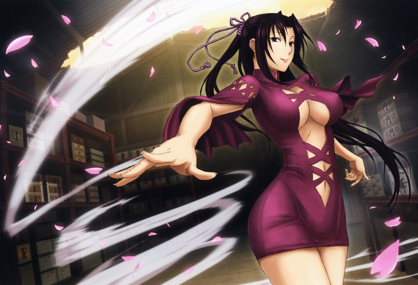 absurdres black_eyes black_hair breasts center_opening cherry_blossoms closed_mouth covered_nipples cowboy_shot dress foreshortening hair_intakes half_updo highres indoors kazehana large_breasts lipstick long_hair looking_at_viewer makeup midriff navel official_art petals purple_dress red_lipstick rope scan sekirei short_dress smile solo sunlight underboob whirlwind wind
