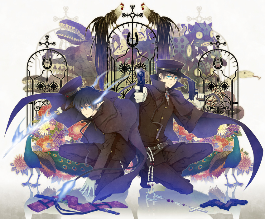 ao_no_exorcist belt bird black_hair blue_eyes blue_fire brothers cape chicken cross demon fire flaming_sword flower glasses gloves gun hat highres katana male_focus multiple_boys okumura_rin okumura_yukio peacock pointy_ears sheath siblings smile sword tail tail-tip_fire weapon yuuno_(yukioka)