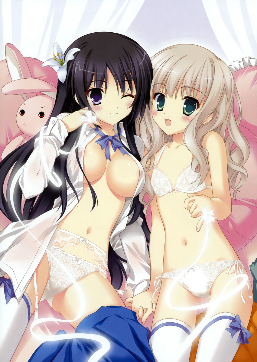 2girls :d absurdres black_hair blonde_hair blue_eyes blush bow bow_panties bra breasts cleavage flat_chest garter_belt glowing goma_satoshi green_eyes hand_holding highres holding_hands konohana_hikari lace large_breasts lingerie looking_at_viewer multiple_girls nanto_yaya navel no_bra one_eye_closed open_clothes open_mouth open_shirt original panties pinky_out pleated_skirt ribbon shirt side-tie_panties sitting skirt smile strawberry_panic! stuffed_animal stuffed_bunny stuffed_rabbit stuffed_toy thighhighs underwear white_legwear wink