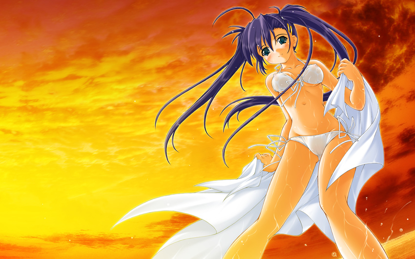 akimoto_dai bikini blue_eyes breasts covered_nipples highres long_hair original purple_hair see-through side-tie_bikini small_breasts solo sunset swimsuit twintails wallpaper wet