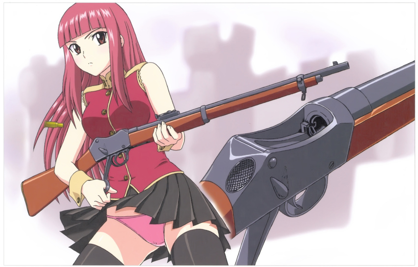 bangs black_legwear black_skirt blunt_bangs blurry blurry_background blush brown_eyes casing_ejection copyright_request framed gun highres holding holding_gun holding_weapon lever_action looking_at_viewer martini-henry panties pink_hair pink_panties pleated_skirt red_shirt rifle shell_casing shirt skindentation skirt sleeveless sleeveless_shirt solo thighhighs underwear weapon wind wind_lift wrist_cuffs yamauchi_noriyasu