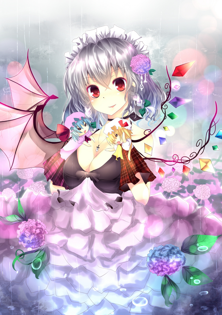 alternate_costume bare_shoulders blonde_hair blue_hair bow braid breasts chibi cleavage dress e-co flandre_scarlet flower hair_bow hair_flower hair_ornament highres hydrangea izayoi_sakuya jewelry large_breasts maid_headdress necklace puppet rain red_eyes remilia_scarlet short_hair silver_hair solo touhou twin_braids water_drop wings