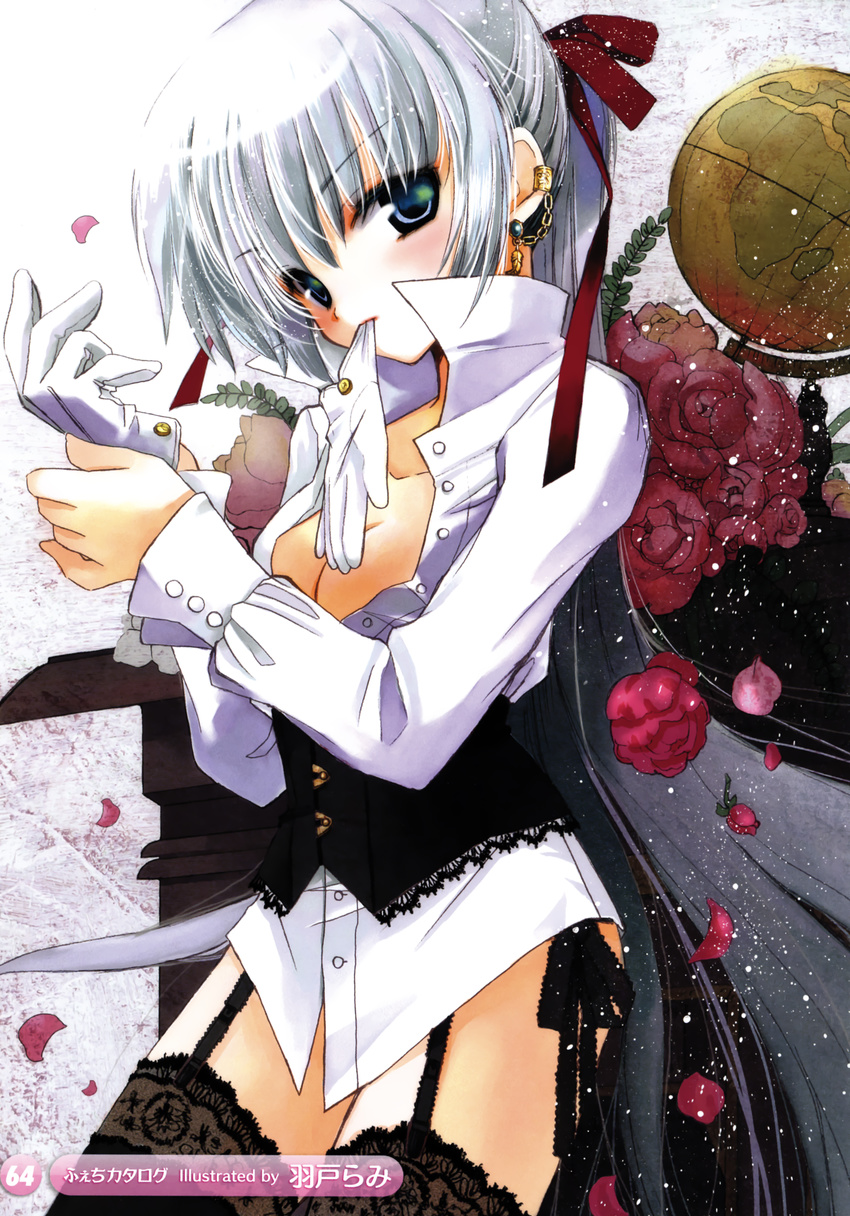 absurdres adjusting_clothes adjusting_gloves black_legwear breasts cleavage copyright_request earrings flower garter_straps globe glove_in_mouth gloves green_eyes grey_hair hair_ribbon hato_rami highres jewelry lace lace-trimmed_thighhighs long_hair looking_at_viewer medium_breasts mouth_hold no_pants open_clothes open_shirt petals ribbon rose rose_petals scan shirt thighhighs unbuttoned