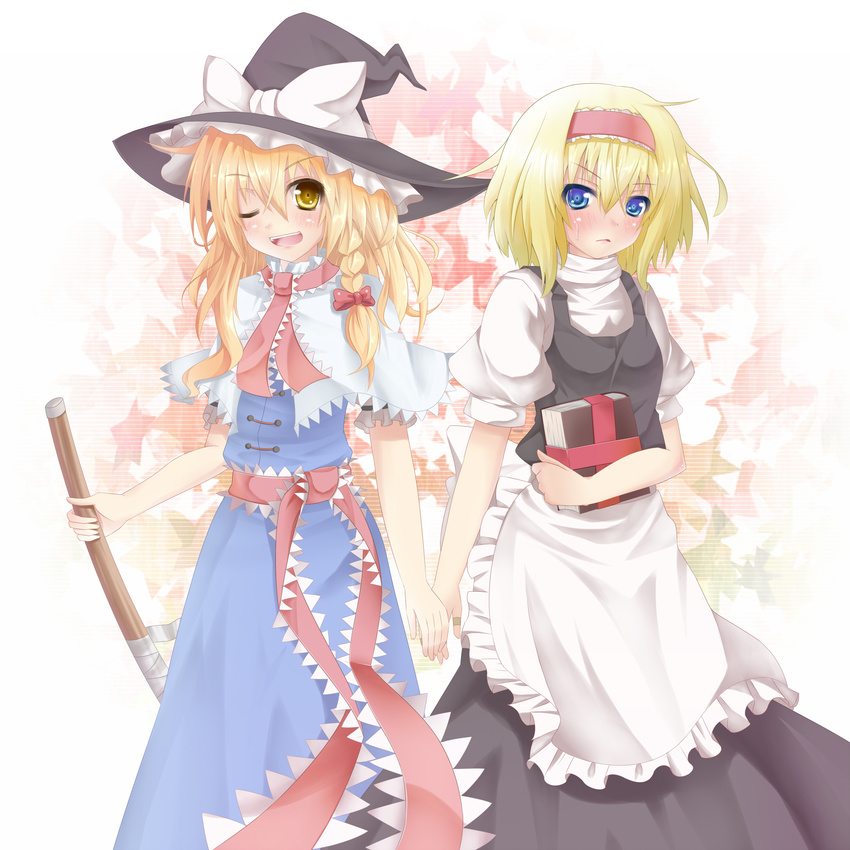 alice_margatroid alice_margatroid_(cosplay) apron blonde_hair blue_eyes book braid broom capelet cosplay costume_switch hairband hat highres kirisame_marisa kirisame_marisa_(cosplay) megawatt multiple_girls one_eye_closed touhou witch_hat yellow_eyes