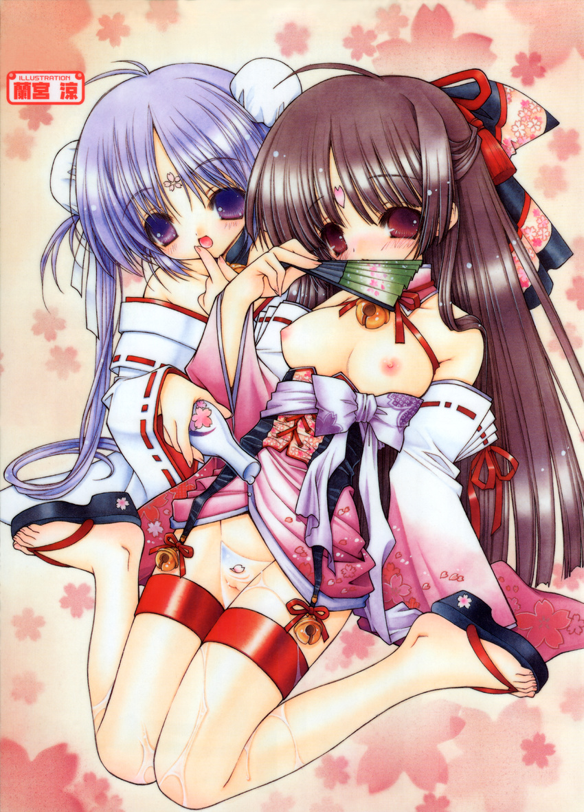 :d absurdres alcohol bow breasts brown_hair copyright_request detached_collar double_bun fan feet geta hair_bow highres japanese_clothes kimono leg_garter medium_breasts miko multiple_girls nipples open_clothes open_kimono open_mouth purple_eyes purple_hair pussy_juice ramiya_ryou red_eyes sake sandals smile toenails toes uncensored wakamezake