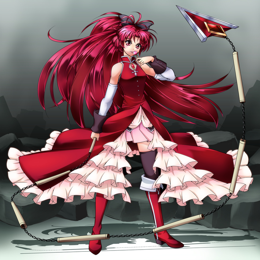 absurdres boots bow candy chain food hair_bow highres lollipop long_hair magical_girl mahou_shoujo_madoka_magica polearm ponytail raionsan red_eyes red_hair sakura_kyouko solo spear thighhighs tongue weapon