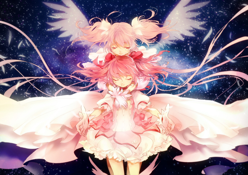 alternate_costume choker closed_eyes dress dual_persona feathers galaxy gloves glowing highres hug hug_from_behind kaname_madoka light_smile long_hair mahou_shoujo_madoka_magica multiple_girls outstretched_arms pink_eyes pink_hair puffy_sleeves short_hair space spoilers tamachi_kuwa transparent twintails ultimate_madoka very_long_hair white_dress white_gloves wings