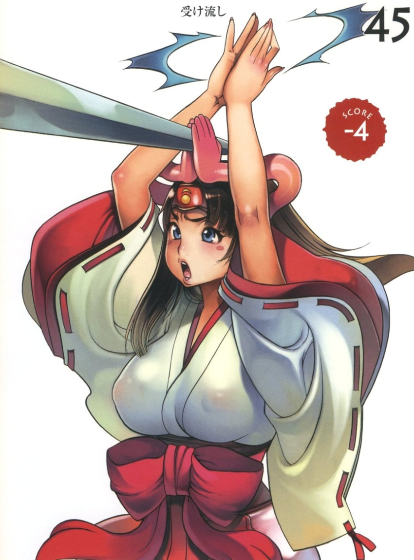 1girl blade_catching blue_eyes blush_stickers breasts brown_hair cosplay covered_nipples f.s. hakama highres japanese_clothes katana large_breasts melona miko nipples open_mouth queen's_blade red_hakama ribbon-trimmed_sleeves ribbon_trim slime solo sword symbol-shaped_pupils tomoe tomoe_(cosplay) weapon