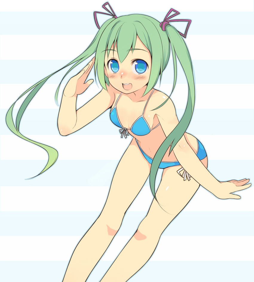 :d bikini blue_eyes blush front-tie_top green_hair highres leaning_forward long_hair looking_at_viewer open_mouth original oza_watto salute side-tie_bikini smile solo standing swimsuit twintails