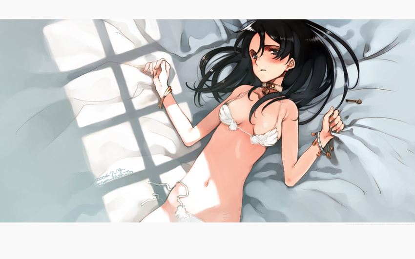 armband black_hair bra collar grey_eyes high_res key littlewitch lock lying midriff navel on_back oyari_ashito pantsu side-tie_panties untied wallpaper