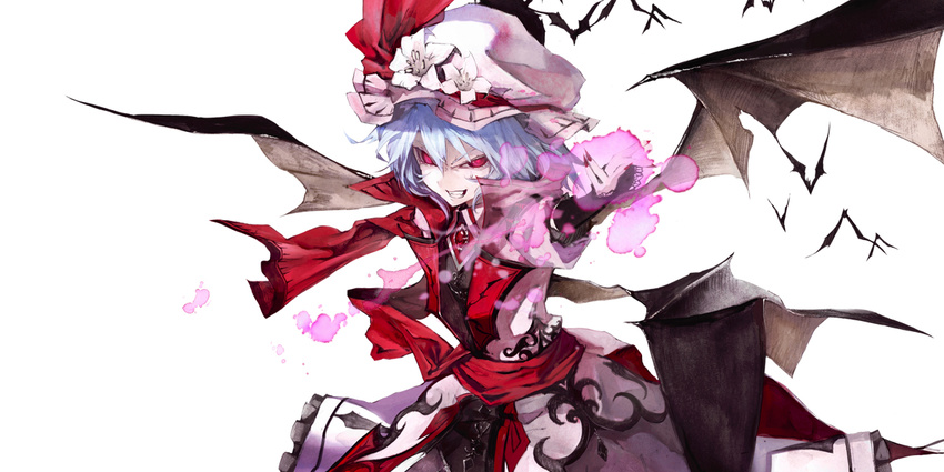 alternate_costume banpai_akira bat bat_wings clenched_teeth coat flower grin hair_flower hair_ornament hat koumajou_densetsu koumajou_densetsu_2 lavender_hair multiple_wings nail_polish pink_eyes remilia_scarlet simple_background smile solo sweatdrop teeth too_many too_many_bats touhou vampire wings