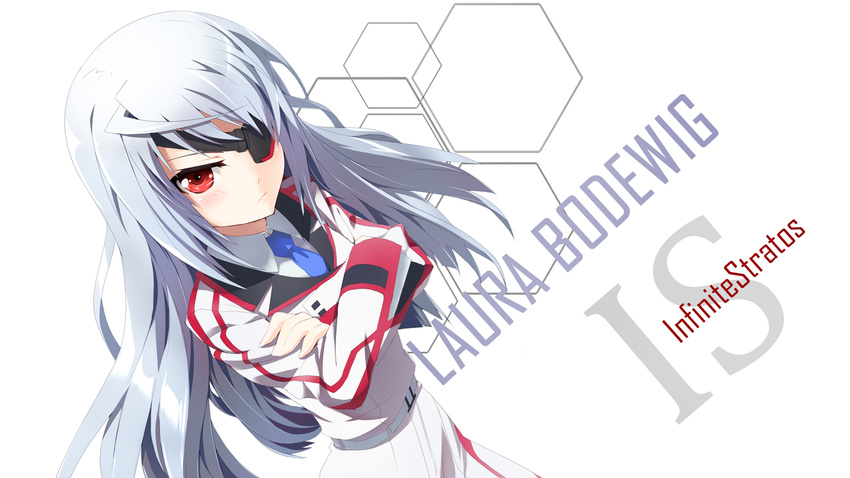 blue_hair blush boots eyepatch grune infinite_stratos laura_bodewig long_hair red_eyes uniform