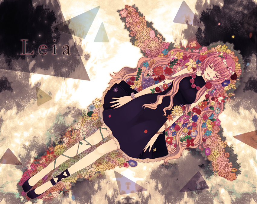alternate_costume alternate_hairstyle ankle_ribbon black_dress bracelet character_name closed_eyes cross dress flower from_above hair_flower hair_ornament happy head_wreath jewelry leia_(vocaloid) long_hair lying megurine_luka miniskirt mismatched_legwear necklace on_back open_mouth pink_hair plant ribbon rose skirt sleeping sleeveless solo very_long_hair vines vocaloid yurari_(co10rs)