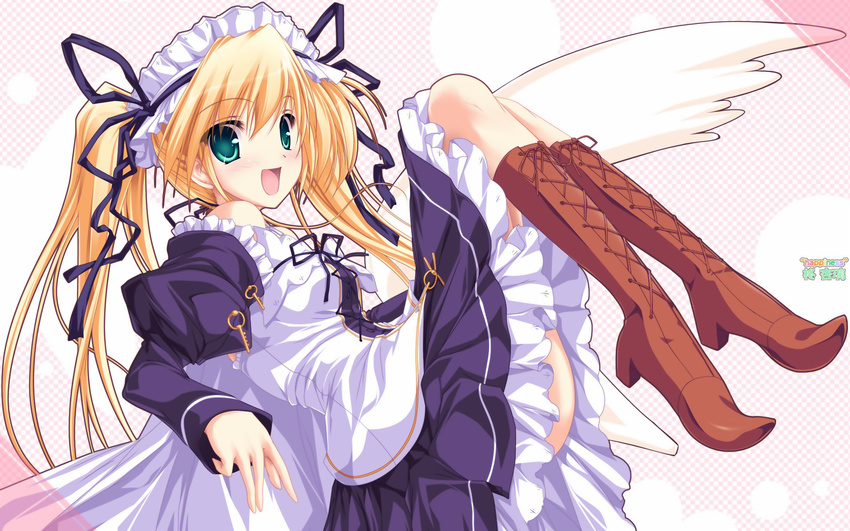 blonde boots green_eyes happiness high_res hiiragi_anri maid tagme tenmaso twintail wallpaper