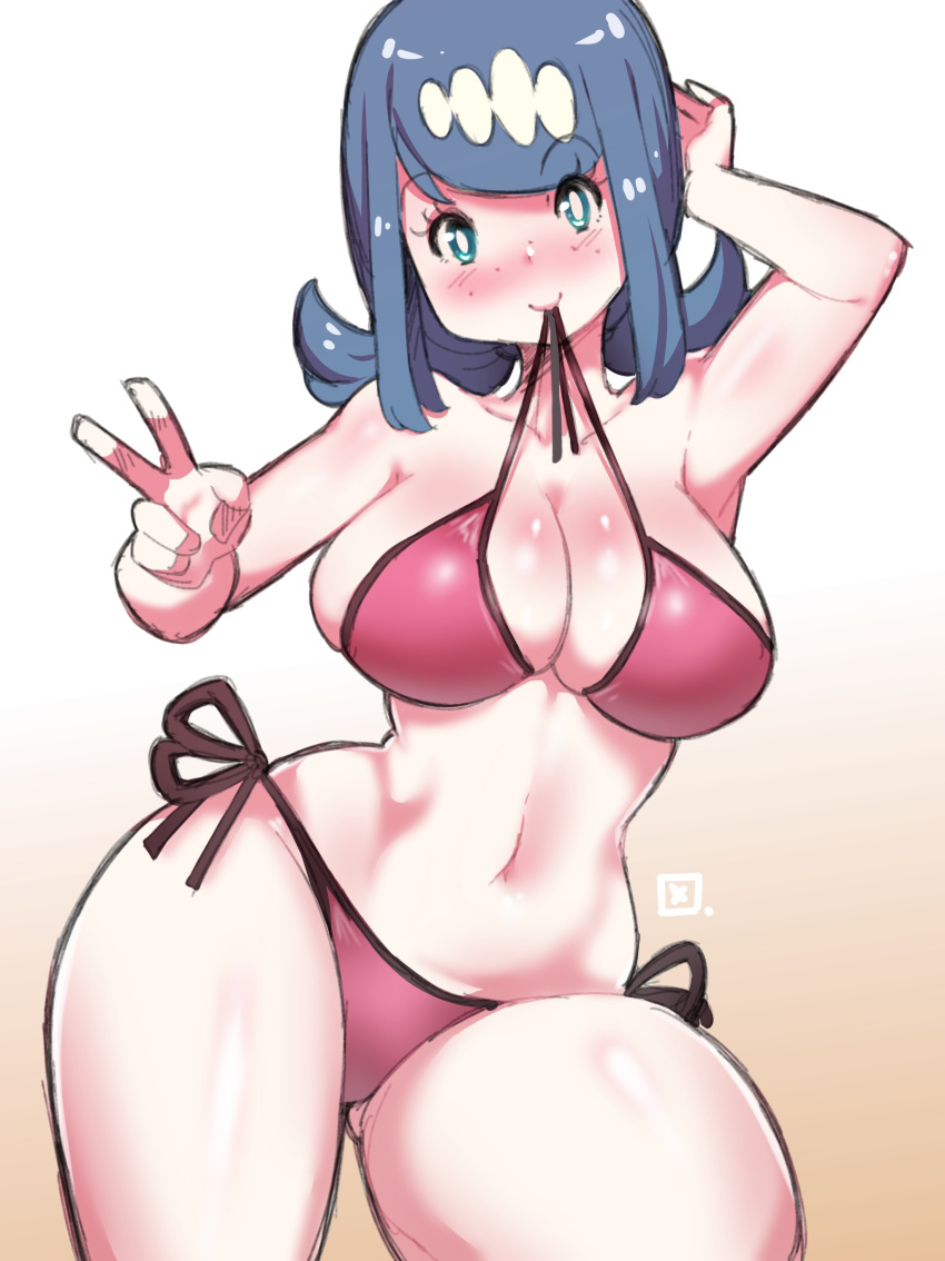 1girl absurdres bikini blue_eyes blue_hair breasts cleavage creatures_(company) eyebrows game_freak gradient gradient_background highres kenron_toqueen large_breasts long_hair matching_hair/eyes milf mouth_hold nintendo pokemon pokemon_(anime) pokemon_sm_(anime) ponytail smile solo suiren's_mother_(pokemon) swimsuit tied_hair white_background