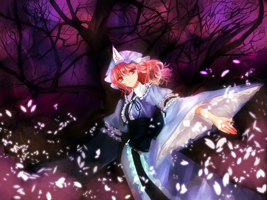 bad_id bad_pixiv_id cherry_blossoms ghost hat japanese_clothes kol49 obi petals pink_hair red_eyes saigyou_ayakashi saigyouji_yuyuko sash solo touhou triangular_headpiece