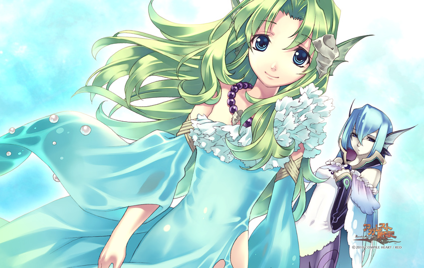 2girls agarest_senki agarest_senki_(series) aqua_background blue_eyes blue_hair blue_sleeves company_name copyright_name detached_sleeves dutch_angle fins frills game_cg green_hair highres hirano_katsuyuki jewelry landa_(agarest_senki) long_hair multiple_girls necklace official_art pale_skin reverie_(agarest_senki) smile