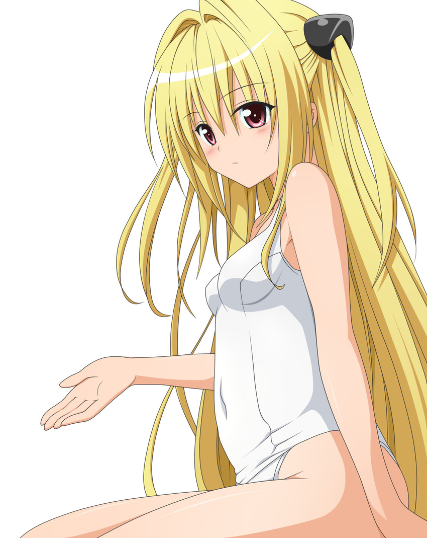 :/ bangs blonde_hair blush breasts colorized covered_navel expressionless from_side groin hair_between_eyes hair_intakes hair_ornament highres konjiki_no_yami long_hair looking_at_viewer official_art one-piece_swimsuit outstretched_hand pink_eyes school_swimsuit shige_(moe-ren.net) simple_background sitting small_breasts solo swimsuit to_love-ru two_side_up very_long_hair white_background white_school_swimsuit white_swimsuit yabuki_kentarou