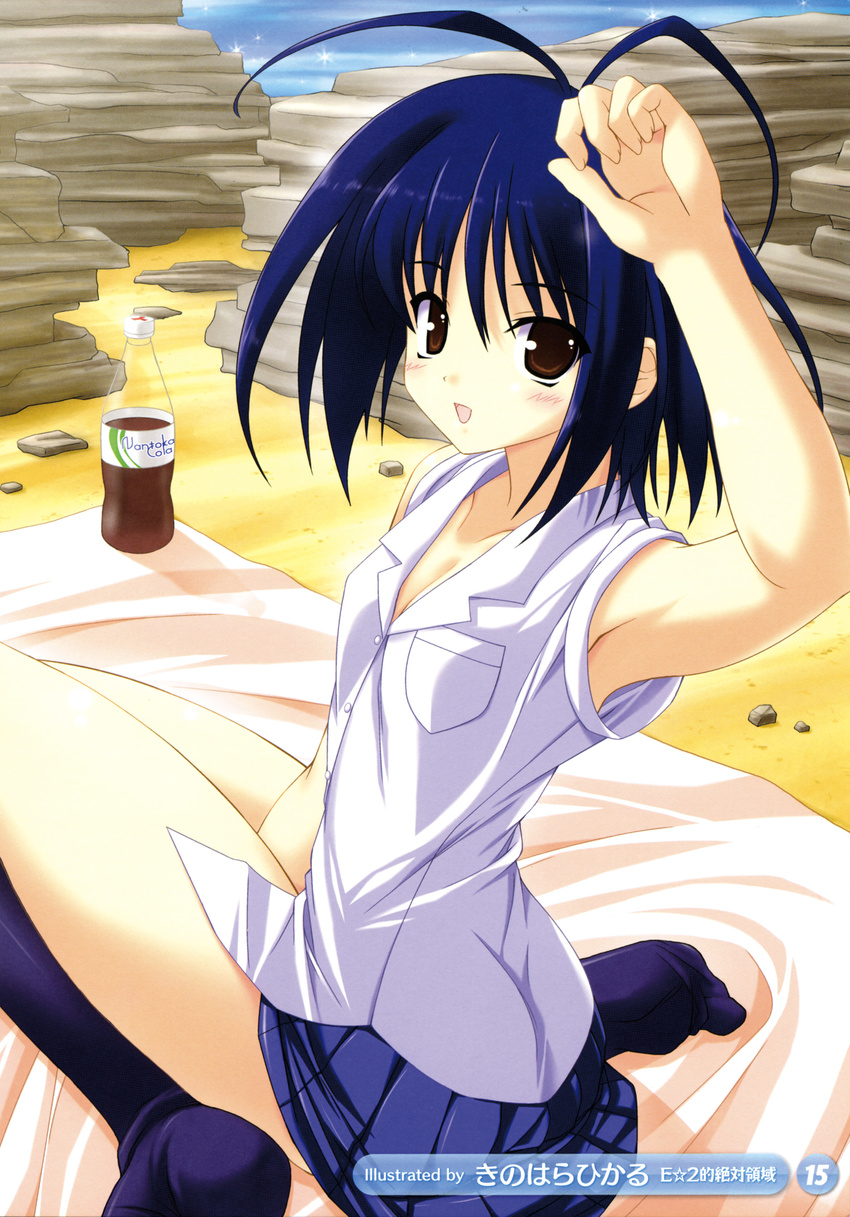 beach blanket blue_hair brown_eyes cola dress_shirt looking_back ocean rock sand school_uniform shirt short_hair side sitting skirt socks soda water