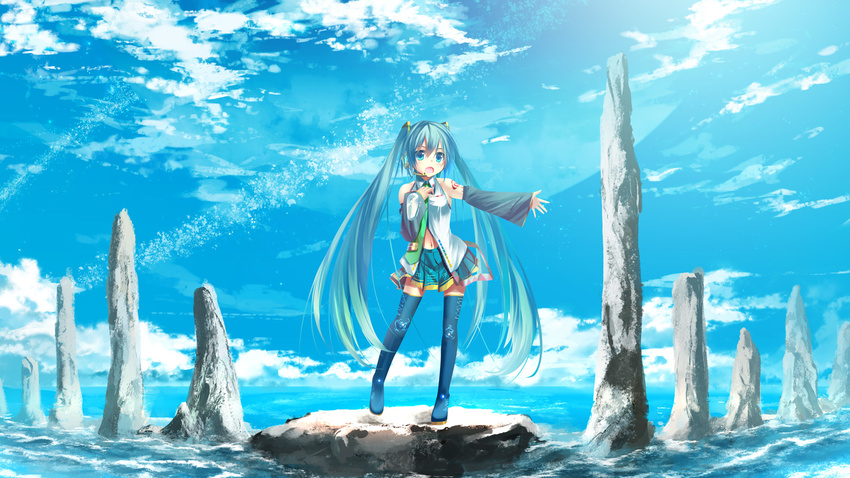 cloud day detached_sleeves hatsune_miku highres kouji_(astral_reverie) long_hair music singing sky solo thighhighs twintails very_long_hair vocaloid water zettai_ryouiki