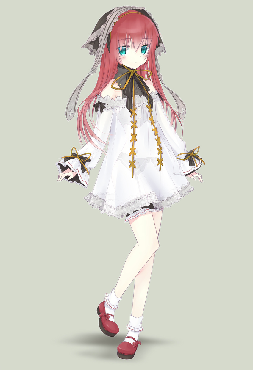 blush dress full_body garter_belt garters highres legs long_hair looking_at_viewer mary_janes miyoshino original red_hair see-through shoes simple_background solo