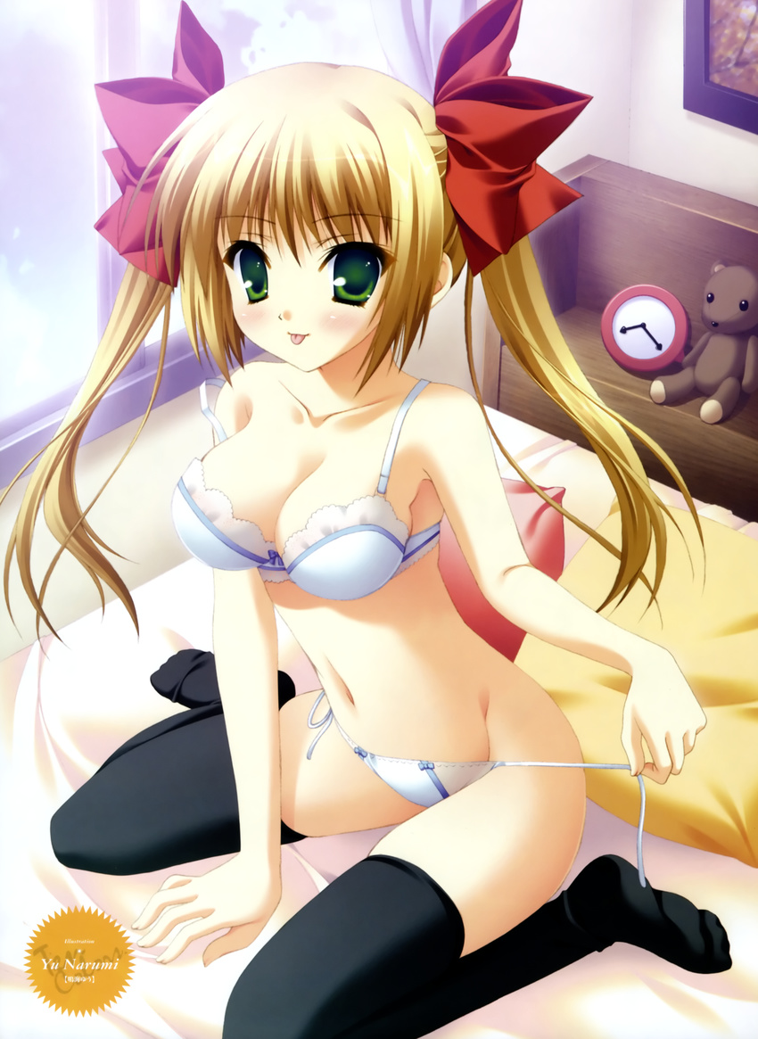 bra clock narumi_yuu pantsu side-tie_panties string_panties teddy_bear thighhighs