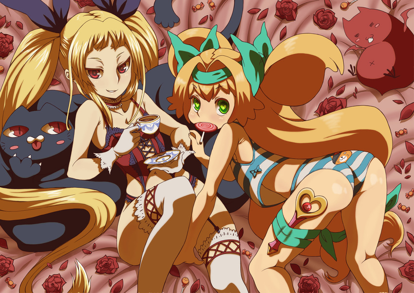 ass blazblue blonde_hair bow candy cat choker creature crop_top cup flower food gii green_eyes grin hair_intakes hair_ribbon headband heart heart-shaped_pupils leg_garter lingerie lollipop long_hair low-tied_long_hair multiple_girls nago plate platinum_the_trinity quad_tails rachel_alucard red_eyes red_flower red_rose ribbon rose sidelocks sitting smile symbol-shaped_pupils teacup thighhighs twintails two_side_up underwear vinhnyu wand white_legwear