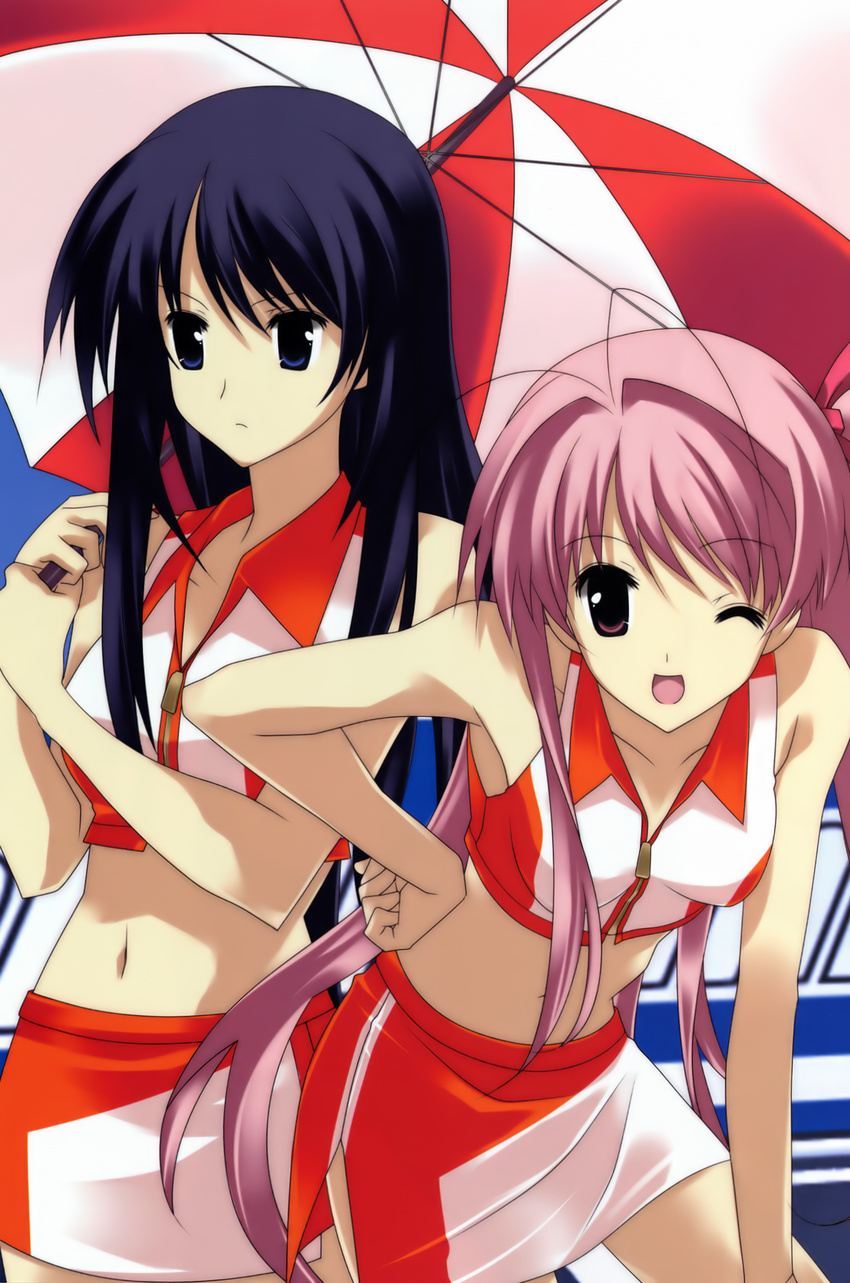 absurdres antenna_hair aoi_sena black_eyes black_hair chaos;head hand_on_hip highres long_hair matsuo_yukihiro multiple_girls non-web_source one_eye_closed one_side_up open_mouth parasol pink_eyes pink_hair race_queen sakihata_rimi umbrella very_long_hair