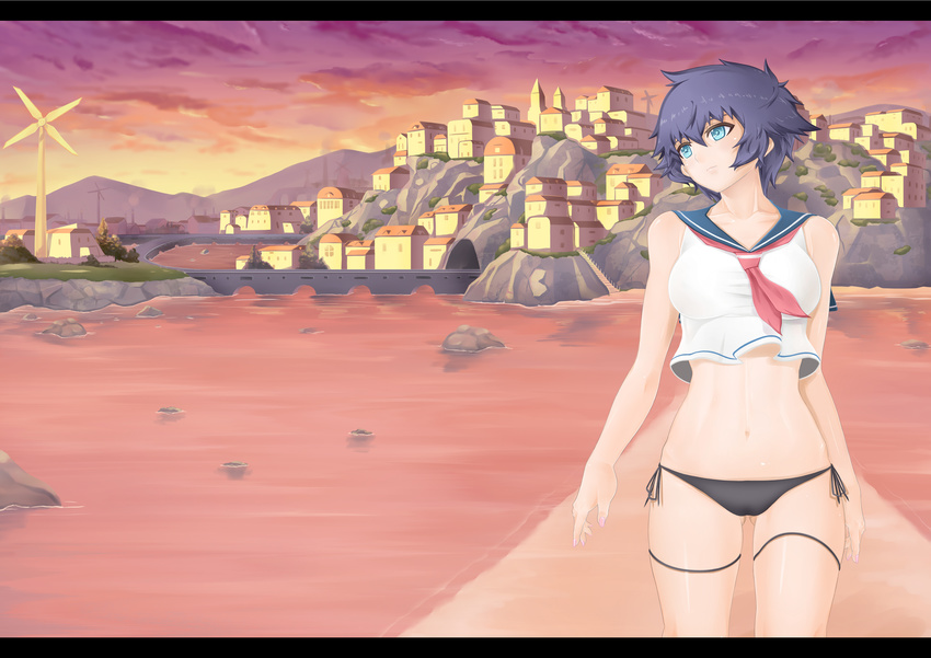 absurdres blue_eyes blue_hair breasts city female highres large_breasts oni-noboru original outdoors panties scenery school_uniform serafuku short_hair sky solo underwear water