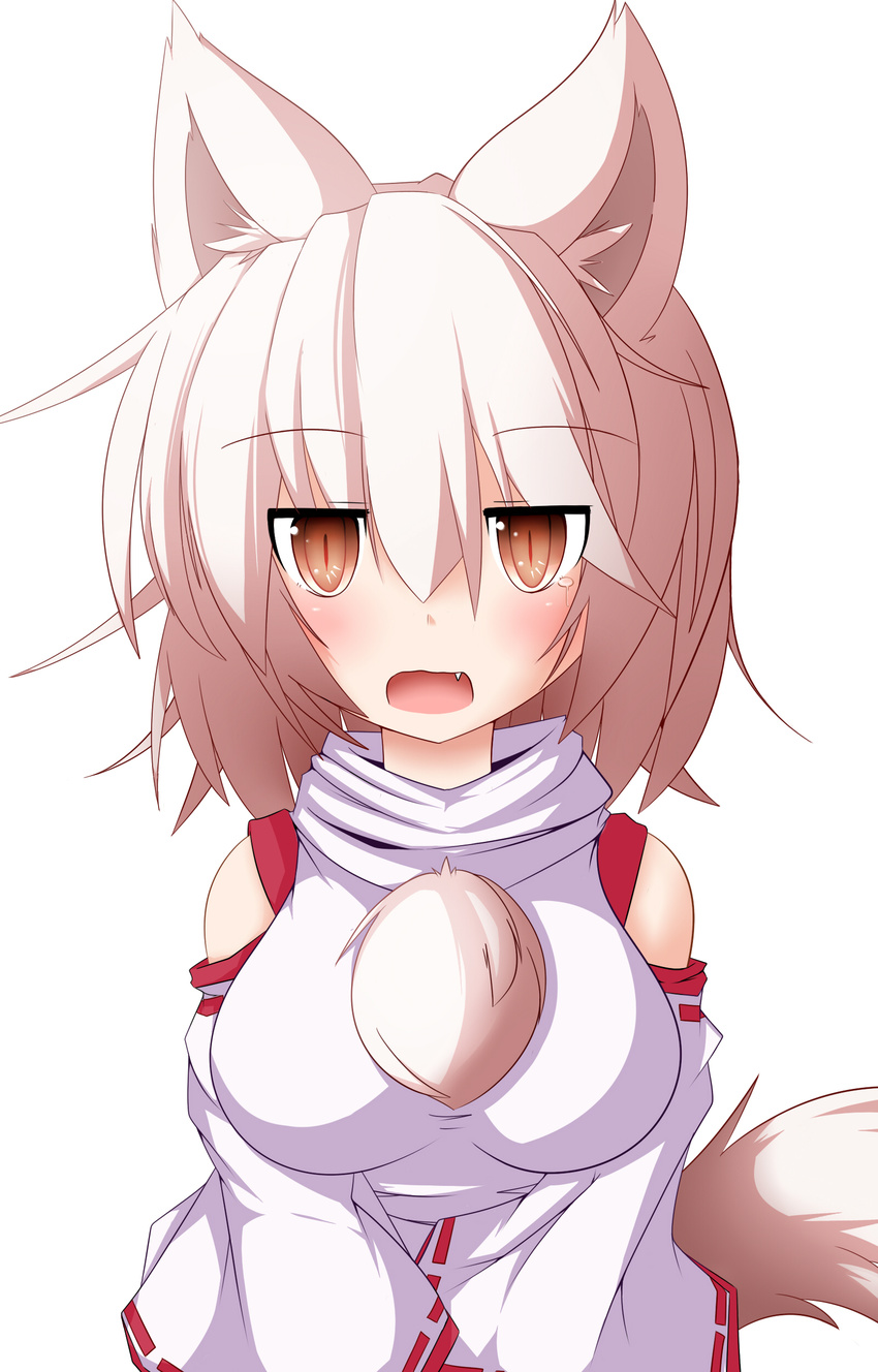 absurdres animal_ears bad_id bad_pixiv_id blush breasts brown_eyes detached_sleeves fang highres inubashiri_momiji jitome large_breasts open_mouth shirogonn short_hair slit_pupils solo tail tears touhou white_hair wolf_ears wolf_tail