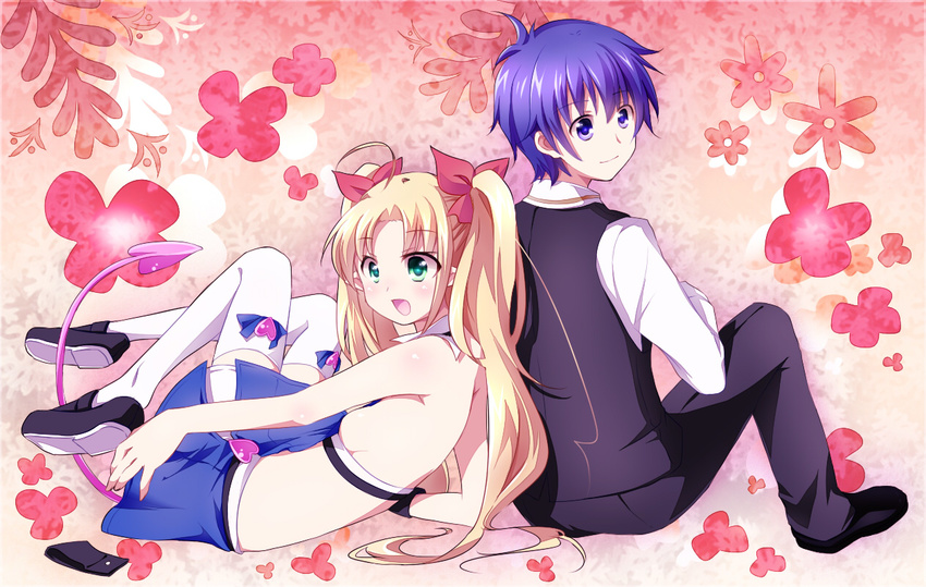 1girl ahoge astarotte_ygvar blonde_hair blush bow breasts demon_tail green_eyes hair_bow long_hair lotte_no_omocha! nyaa_(nnekoron) purple_eyes purple_hair sideboob skirt small_breasts tail thighhighs touhara_naoya twintails