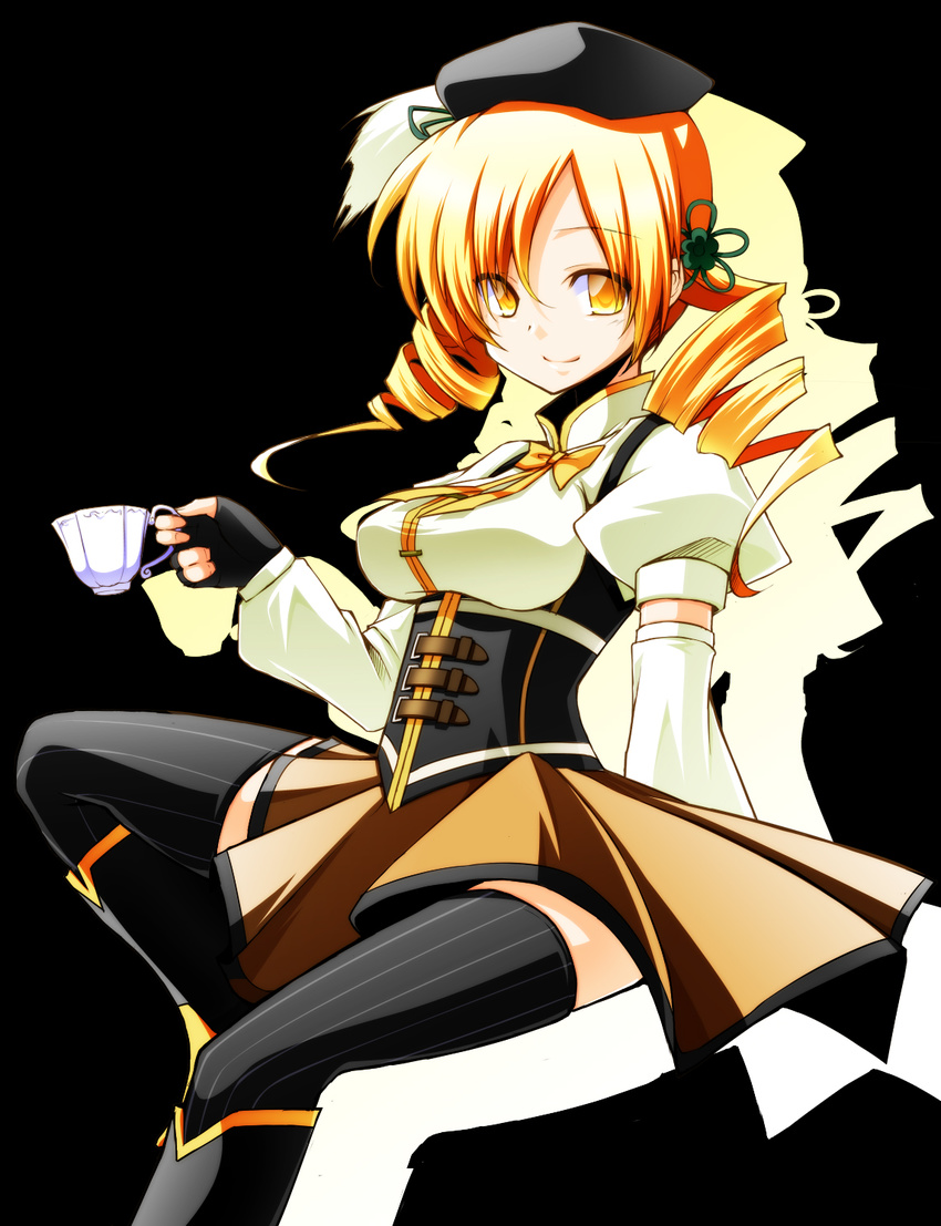 beret blonde_hair boots breasts corset cup detached_sleeves drill_hair engo_(aquawatery) fingerless_gloves gloves hair_ornament hat highres magical_girl mahou_shoujo_madoka_magica medium_breasts pleated_skirt shirt skirt smile solo taut_clothes taut_shirt teacup thighhighs tomoe_mami yellow_eyes