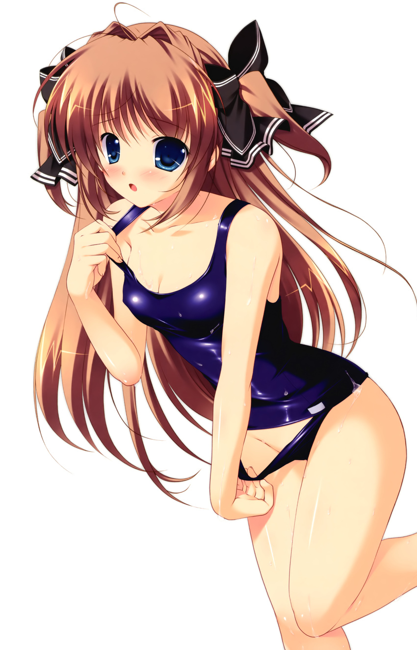 :o absurdres adjusting_clothes adjusting_swimsuit asuka_mirai blue_eyes blush bow brown_hair hair_bow highres long_hair mikeou nanairo_kouro one-piece_swimsuit school_swimsuit simple_background solo swimsuit wet