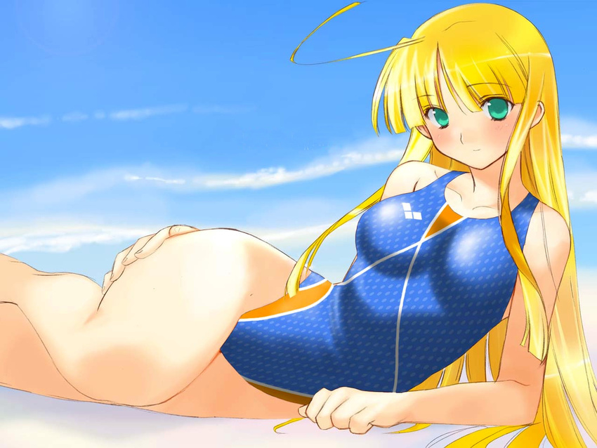 ahoge blonde_hair competition_swimsuit green_eyes lying on_side one-piece_swimsuit orion_(orionproject) rance5d rance_(series) rizna_lanfebit single_vertical_stripe solo swimsuit wallpaper