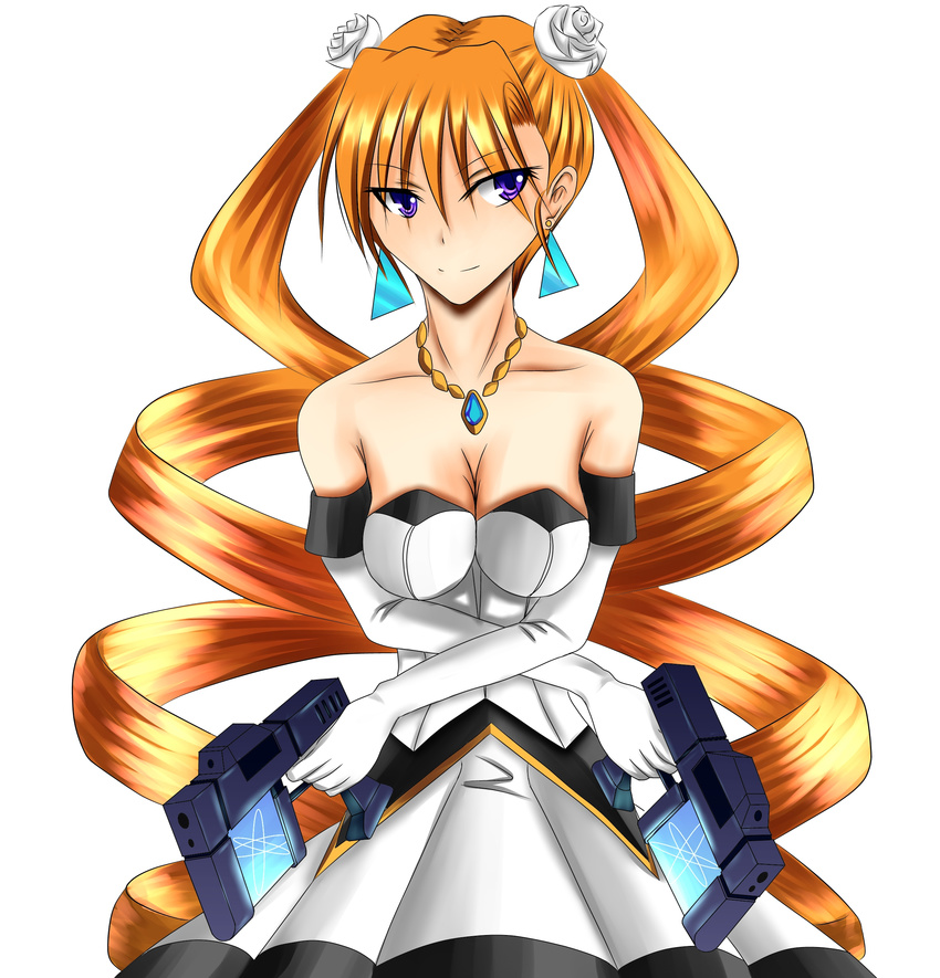 1girl absurdres aq_interactive arcana_heart atlus bare_shoulders breasts cleavage crossed_arms dress drill_hair dual_wielding earrings examu female flower gun hair_flower hair_ornament highres jewelry long_hair necklace orange_hair petra_johanna_lagerkvist purple_eyes rose smile solo strapless strapless_dress twintails very_long_hair weapon white_rose