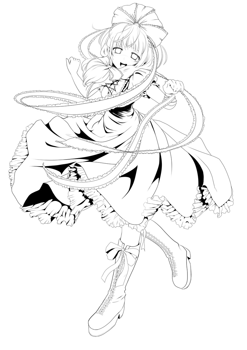 :d absurdres boots bow breasts cleavage cross-laced_footwear dress frills front_ponytail greyscale hair_bow highres ishikkoro kagiyama_hina lace-up_boots large_bow lineart long_hair medium_breasts monochrome open_mouth ribbon smile solo touhou transparent_background
