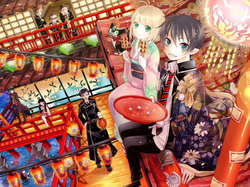 6+boys amaimon ao_no_exorcist architecture bad_id bad_pixiv_id blonde_hair blue_eyes brothers cup dango east_asian_architecture eating fish floral_print food from_above glasses green_eyes haguo_yuu hat highres japanese_clothes kamiki_izumo kimono koi kuro_(ao_no_exorcist) lantern magatama mephisto_pheles mitsudomoe_(shape) miwa_konekomaru moriyama_shiemi multicolored_hair multiple_boys multiple_girls necktie okumura_rin okumura_yukio pointy_ears ribbon sakazuki school_uniform shima_renzou short_hair siblings smile striped striped_neckwear suguro_ryuuji tomoe_(symbol) top_hat twintails two-tone_hair wagashi water