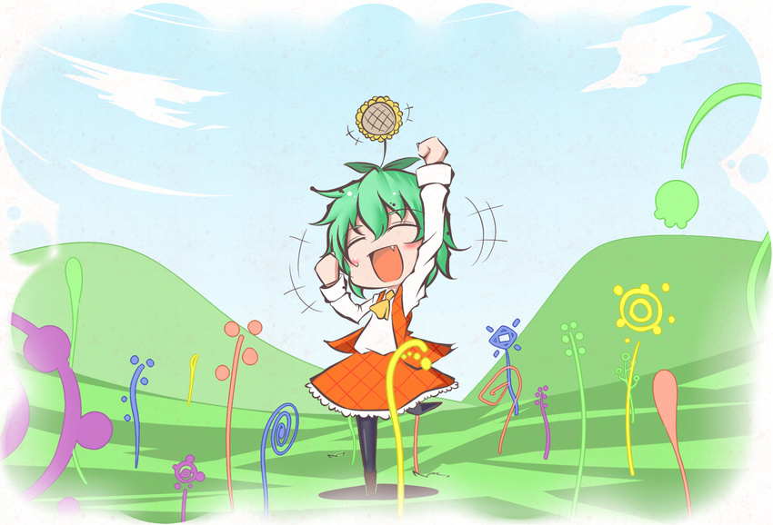 arms_up black_legwear blue_sky blush chibi clenched_hands closed_eyes dancing day dress fang field flower flower_field flower_on_head green_hair happy kazami_yuuka open_mouth pantyhose raised_fist shirt short_hair sky smile solo standing standing_on_one_leg sunflower touhou yazuki_(hi_no_ataru_tokoro)