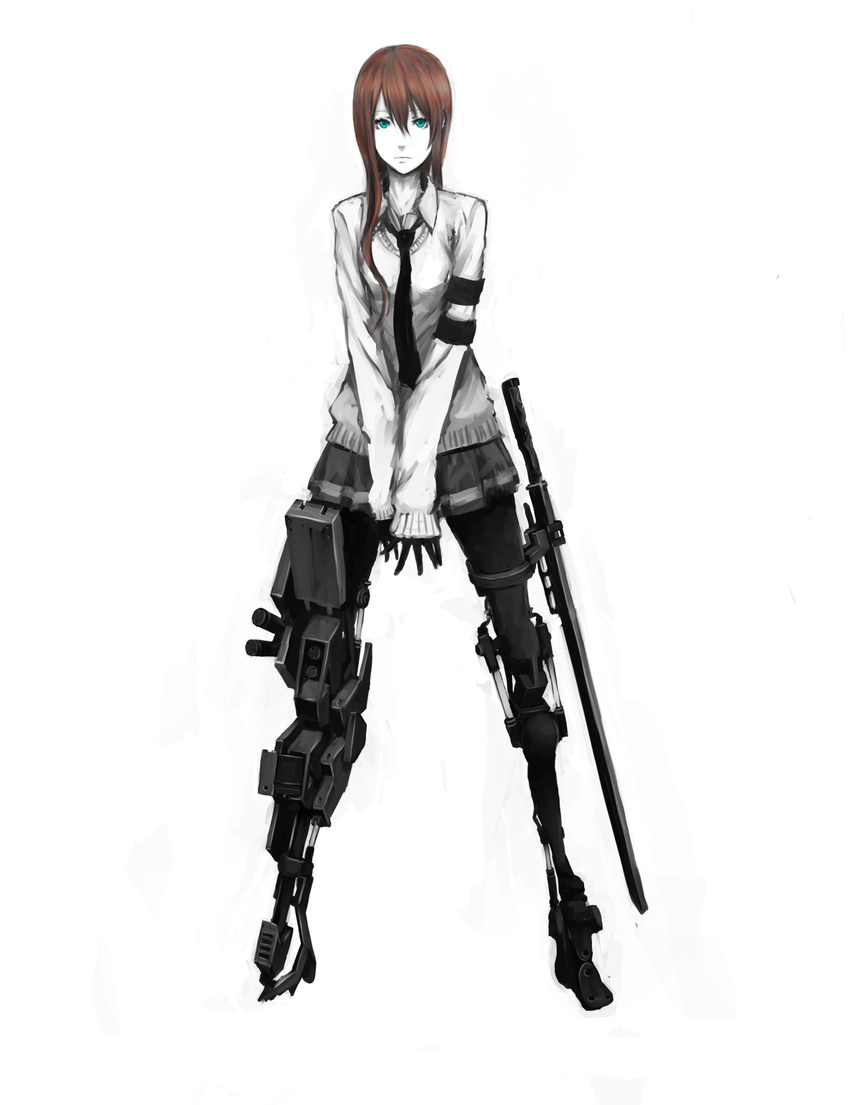 amputee artist_request cyborg dress_shirt female full_body gun highres military original partially_colored prosthetic sci_fi science_fiction shirt simple_background solo weapon white_background