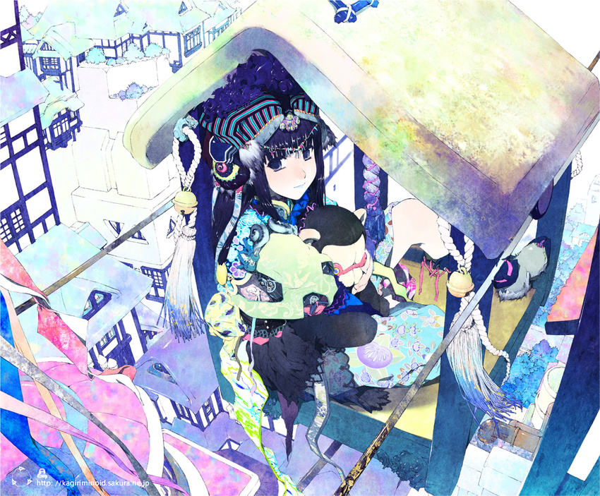 bell black_hair blue_eyes from_above house ice japanese_clothes looking_up original smile snow solo takano_kou winter