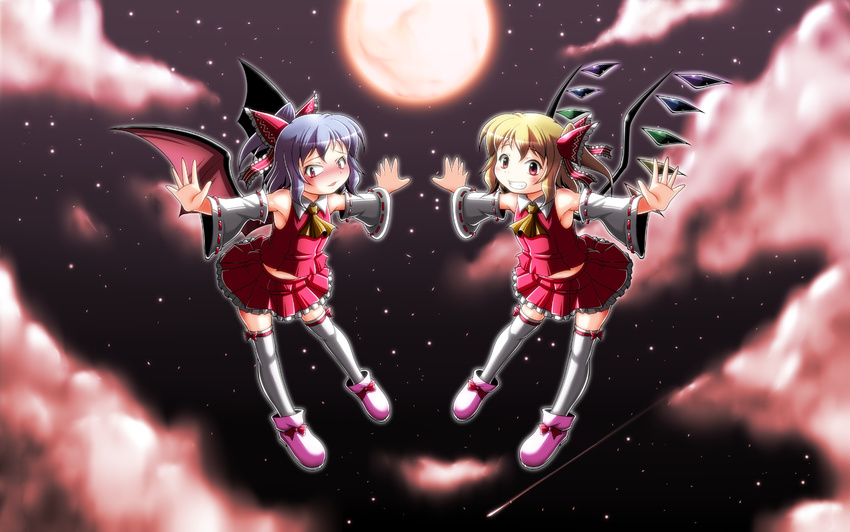 armpits ascot bat_wings blonde_hair blue_hair blush bow cloud comet cosplay detached_sleeves dress flandre_scarlet full_moon grin hair_bow hair_tubes hakurei_reimu hakurei_reimu_(cosplay) midriff moon multiple_girls night no_hat no_headwear outstretched_arms ponytail red_eyes remilia_scarlet sd-sos short_hair siblings side_ponytail sisters sky smile star_(sky) thighhighs touhou white_legwear wings zettai_ryouiki