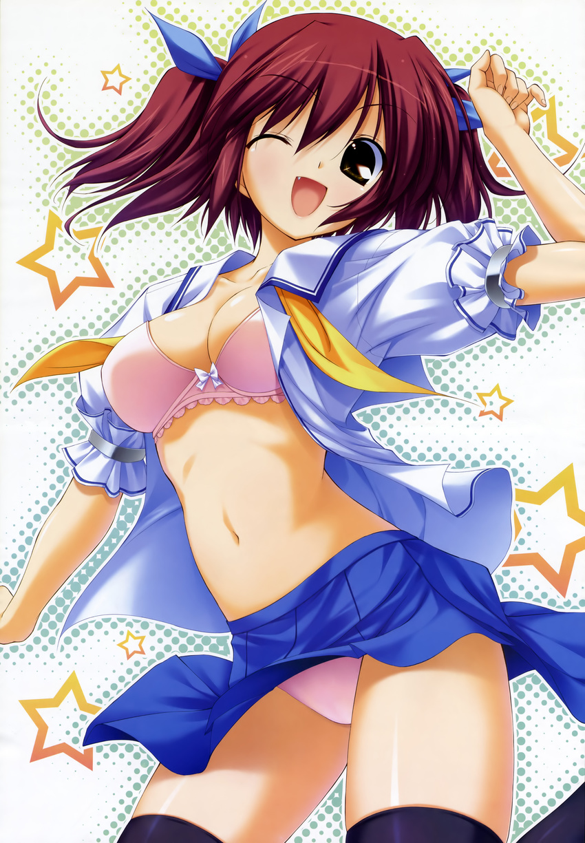 bra fumio hoshiuta kuroda_yui open_shirt pantsu school_uniform thighhighs