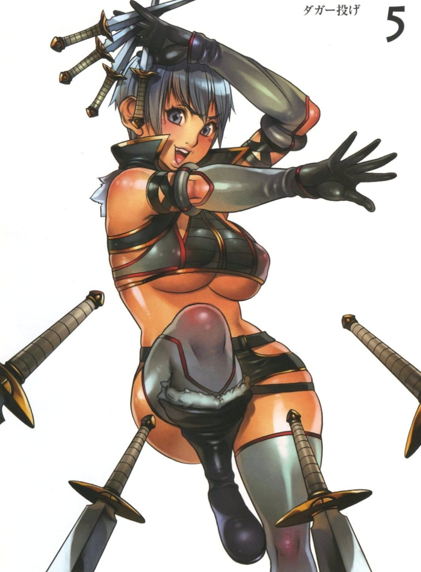1girl blue_eyes blue_hair blush_stickers boots breasts cosplay dagger dark_skin elbow_gloves f.s. gloves highres irma irma_(cosplay) large_breasts melona queen's_blade revealing_clothes short_hair solo thighhighs underboob weapon